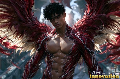 Facing forward outdoors, a winged man is dressed in red armor under daylight