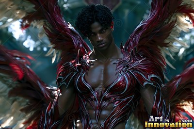 A dark-skinned man with red wings wears red armor over his chest