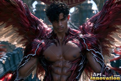 Outdoors on a stone bridge, a muscular man stands with large red feathered wings