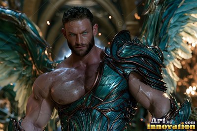 Standing with teal wings, a muscular man wears green armor in a vaulted hall