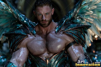 Muscular winged man in dark green armor looking forward