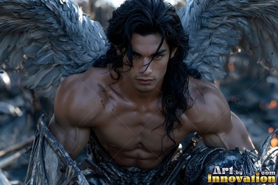Holy divine male angel in baroque armor with radiant wings, mystical waterfall heavenly setting UHD