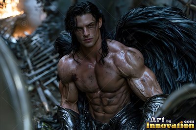 Handsome male warrior angel in divine holy armor with vibrant wings in golden city of heaven UHD