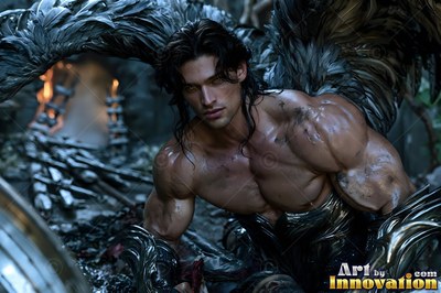 Buff angel warrior with sword-shaped feathered wings in ornate gold armor, golden cityscape backdrop UHD