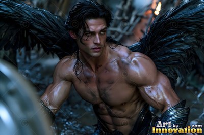Holy divine male angel in baroque armor with radiant wings, mystical waterfall heavenly setting UHD