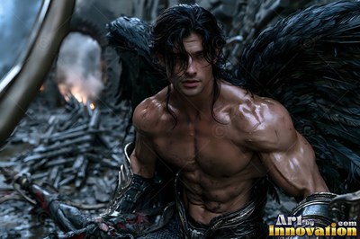 Handsome male warrior angel in divine holy armor with vibrant wings in golden city of heaven UHD