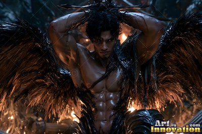 Buff angel warrior with sword-shaped feathered wings in ornate gold armor, golden cityscape backdrop UHD