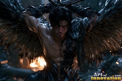 Holy divine male angel in baroque armor with radiant wings, mystical waterfall heavenly setting UHD