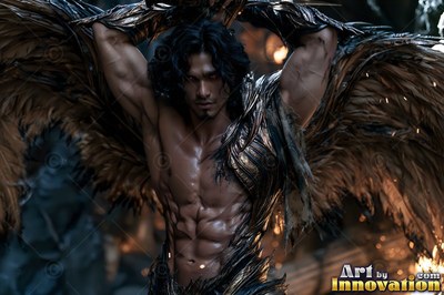 Handsome male warrior angel in divine holy armor with vibrant wings in golden city of heaven UHD