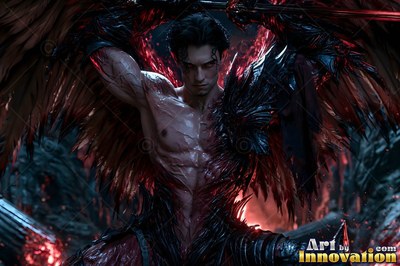 Buff angel warrior with sword-shaped feathered wings in ornate gold armor, golden cityscape backdrop UHD