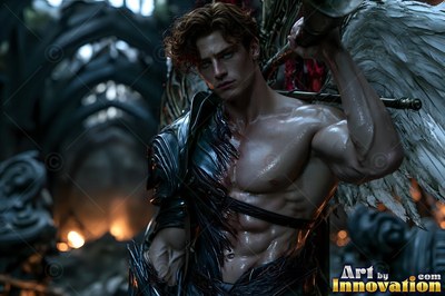 Handsome male warrior angel in divine holy armor with vibrant wings in golden city of heaven UHD