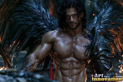 Handsome male warrior angel in divine holy armor with vibrant wings in golden city of heaven UHD