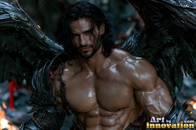 Buff angel warrior with sword-shaped feathered wings in ornate gold armor, golden cityscape backdrop UHD