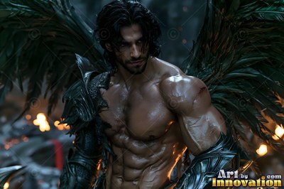 Holy divine male angel in baroque armor with radiant wings, mystical waterfall heavenly setting UHD