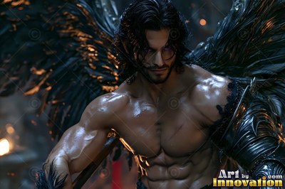 Handsome male warrior angel in divine holy armor with vibrant wings in golden city of heaven UHD