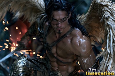 Buff angel warrior with sword-shaped feathered wings in ornate gold armor, golden cityscape backdrop UHD