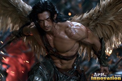Holy divine male angel in baroque armor with radiant wings, mystical waterfall heavenly setting UHD