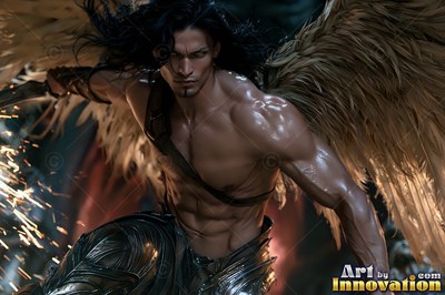 Handsome male warrior angel in divine holy armor with vibrant wings in golden city of heaven UHD
