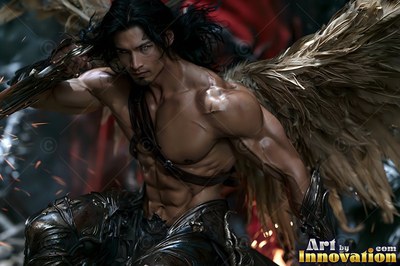 Buff angel warrior with sword-shaped feathered wings in ornate gold armor, golden cityscape backdrop UHD