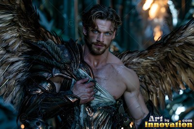 Holy divine male angel in baroque armor with radiant wings, mystical waterfall heavenly setting UHD