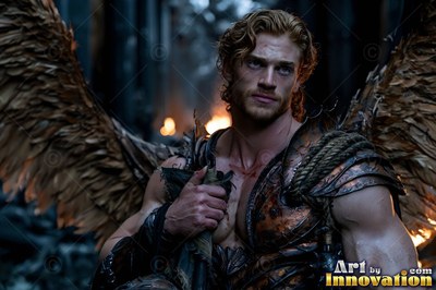 Handsome male warrior angel in divine holy armor with vibrant wings in golden city of heaven UHD