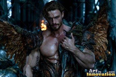 Buff angel warrior with sword-shaped feathered wings in ornate gold armor, golden cityscape backdrop UHD