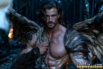 Holy divine male angel in baroque armor with radiant wings, mystical waterfall heavenly setting UHD