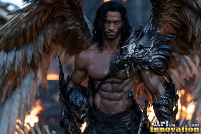 Handsome male warrior angel in divine holy armor with vibrant wings in golden city of heaven UHD