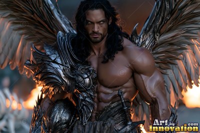 Buff angel warrior with sword-shaped feathered wings in ornate gold armor, golden cityscape backdrop UHD