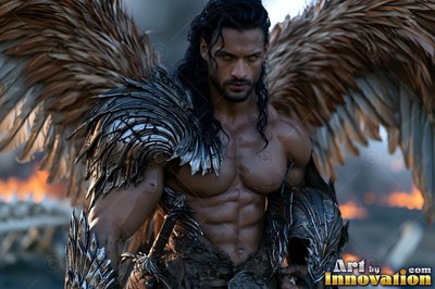 Holy divine male angel in baroque armor with radiant wings, mystical waterfall heavenly setting UHD
