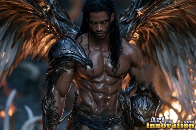 Handsome male warrior angel in divine holy armor with vibrant wings in golden city of heaven UHD