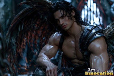 Buff angel warrior with sword-shaped feathered wings in ornate gold armor, golden cityscape backdrop UHD