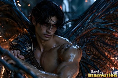 Holy divine male angel in baroque armor with radiant wings, mystical waterfall heavenly setting UHD