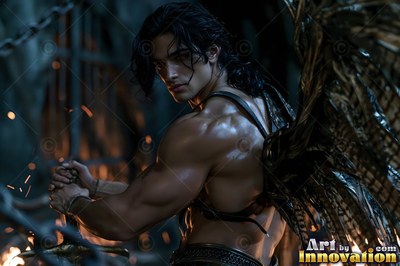 Handsome male warrior angel in divine holy armor with vibrant wings in golden city of heaven UHD