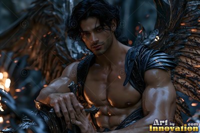 Buff angel warrior with sword-shaped feathered wings in ornate gold armor, golden cityscape backdrop UHD