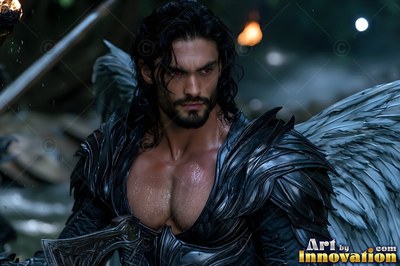 Holy divine male angel in baroque armor with radiant wings, mystical waterfall heavenly setting UHD
