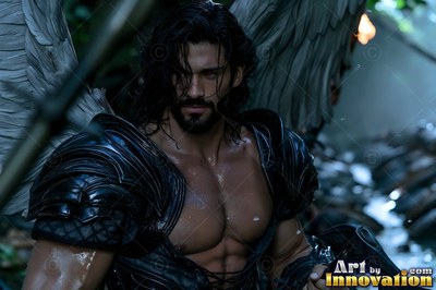 Handsome male warrior angel in divine holy armor with vibrant wings in golden city of heaven UHD