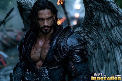 Buff angel warrior with sword-shaped feathered wings in ornate gold armor, golden cityscape backdrop UHD