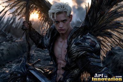 Handsome male warrior angel in divine holy armor with vibrant wings in golden city of heaven UHD