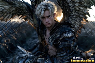 Buff angel warrior with sword-shaped feathered wings in ornate gold armor, golden cityscape backdrop UHD
