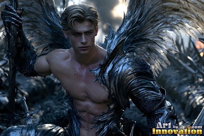 Holy divine male angel in baroque armor with radiant wings, mystical waterfall heavenly setting UHD