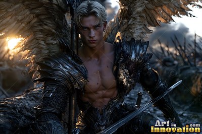 Handsome male warrior angel in divine holy armor with vibrant wings in golden city of heaven UHD