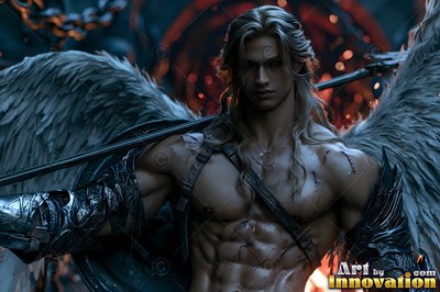 Buff angel warrior with sword-shaped feathered wings in ornate gold armor, golden cityscape backdrop UHD