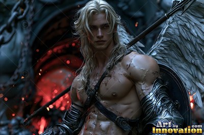 Holy divine male angel in baroque armor with radiant wings, mystical waterfall heavenly setting UHD