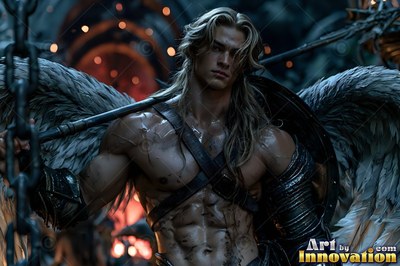 Handsome male warrior angel in divine holy armor with vibrant wings in golden city of heaven UHD