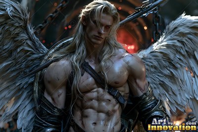 Buff angel warrior with sword-shaped feathered wings in ornate gold armor, golden cityscape backdrop UHD