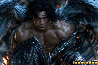 Holy divine male angel in baroque armor with radiant wings, mystical waterfall heavenly setting UHD