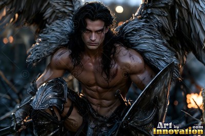 Handsome male warrior angel in divine holy armor with vibrant wings in golden city of heaven UHD