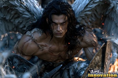 Buff angel warrior with sword-shaped feathered wings in ornate gold armor, golden cityscape backdrop UHD