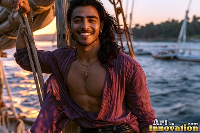 On a sailboat at sunset, a happy man poses in an open purple shirt